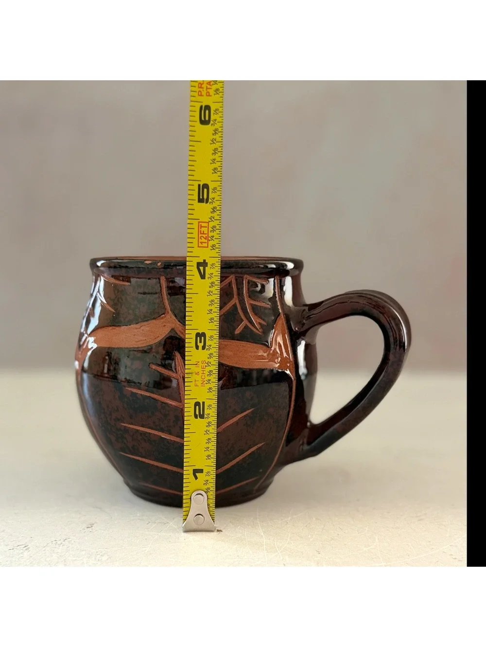 Wassi Art Jamaican Pottery Mug Pair | Hand Carved Leaf Redware Coffee Cups